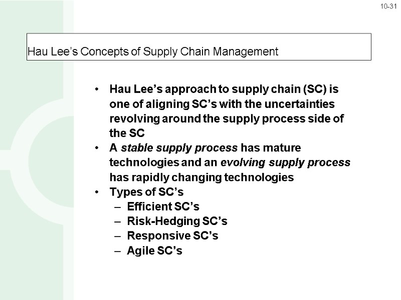Hau Lee’s Concepts of Supply Chain Management Hau Lee’s approach to supply chain (SC)